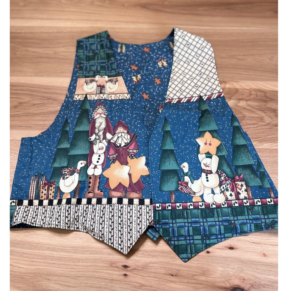 Handmade Christmas Cotton Open Vest Women XL Blue Santa Snowman Novelty Tie Back